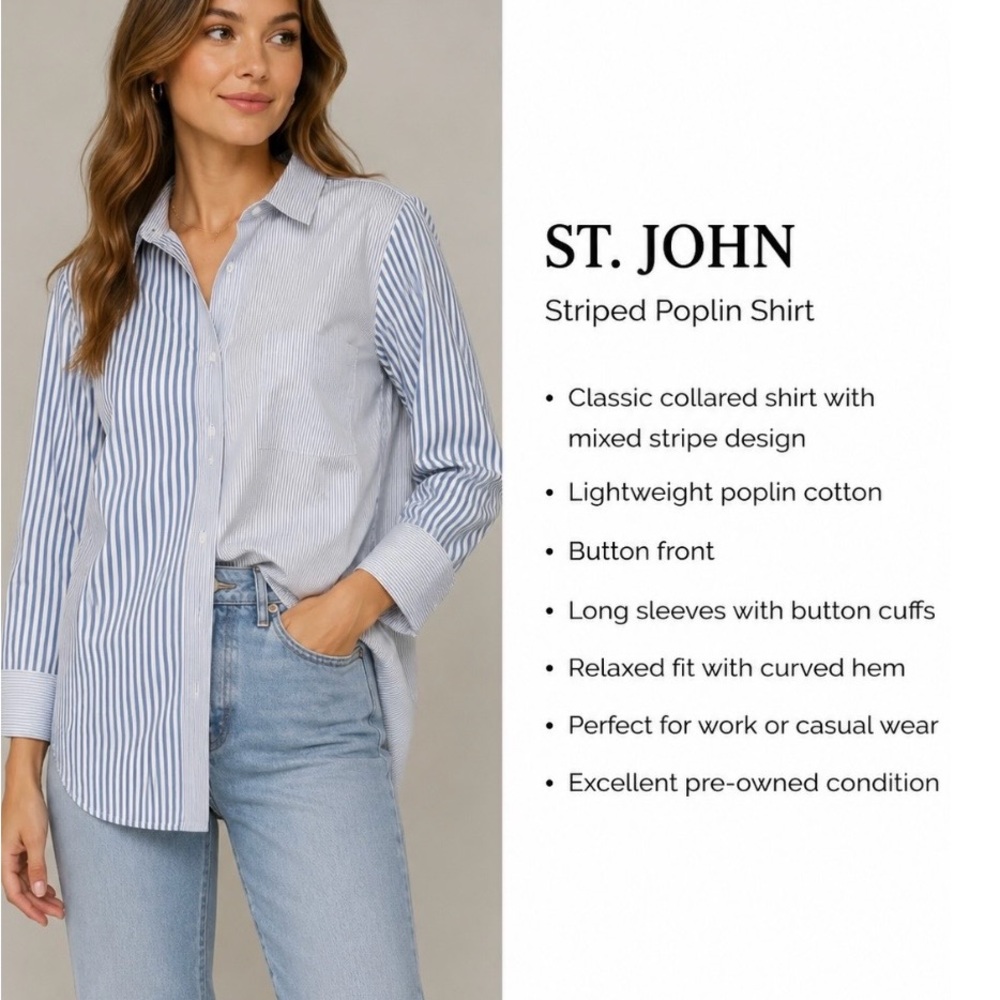 St. John Blue & White Mixed Stripe Poplin Shirt